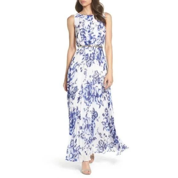 Eliza J Dresses & Skirts - NWT Eliza J Pleated Floral Sleeveless Chiffon Belted Maxi Dress Cobalt Blue 18